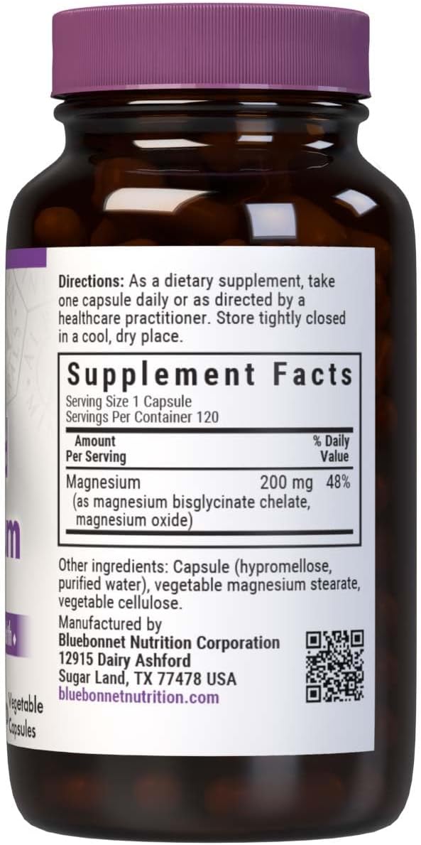 Bluebonnet Nutrition Albion Buffered Chelated Magnesium 200 mg, Magnesium Oxide, Stress Relief, Vegan, Non GMO, Gluten Free, Soy Free, Milk Free, Kosher, 120 Vegetable Capsules, 2 Month Supply - Image 2