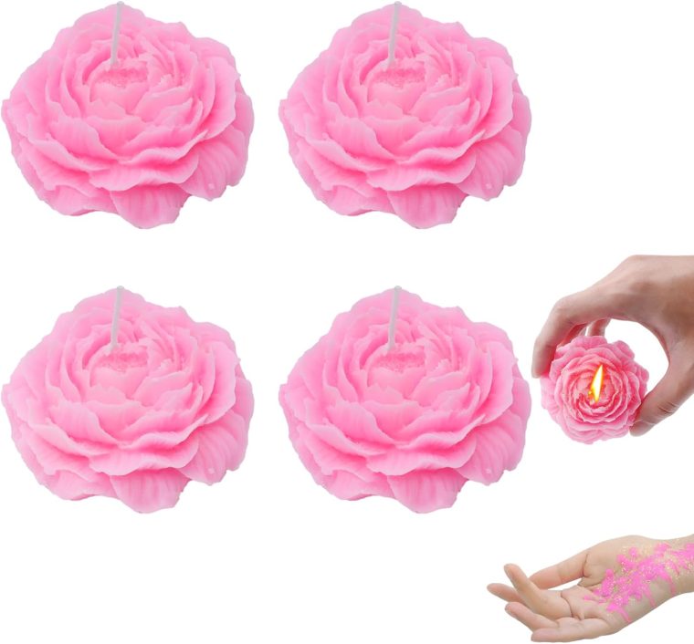 Valentine's Day 4 Pcs Low Temperature Candles Glitter Pink Peony Flower Home Scented Candle Kit Pure Natural Soybean Oil Candle Aromatherapy Romantic Wax Play Candle for Lovers Couples