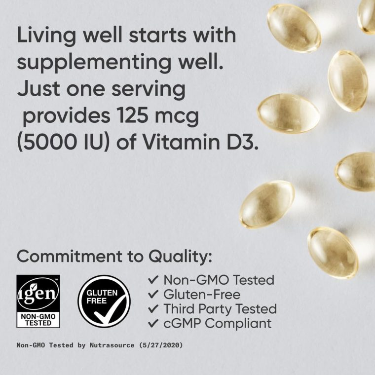 Sports Research Vitamin D3 5000iu (125mcg) with Coconut Oil ~ High Potency Vitamin D for Immune & Bone Support ~ Non-GMO Verified, Gluten & Soy Free (360 Mini-Liquid Softgels) - Image 4