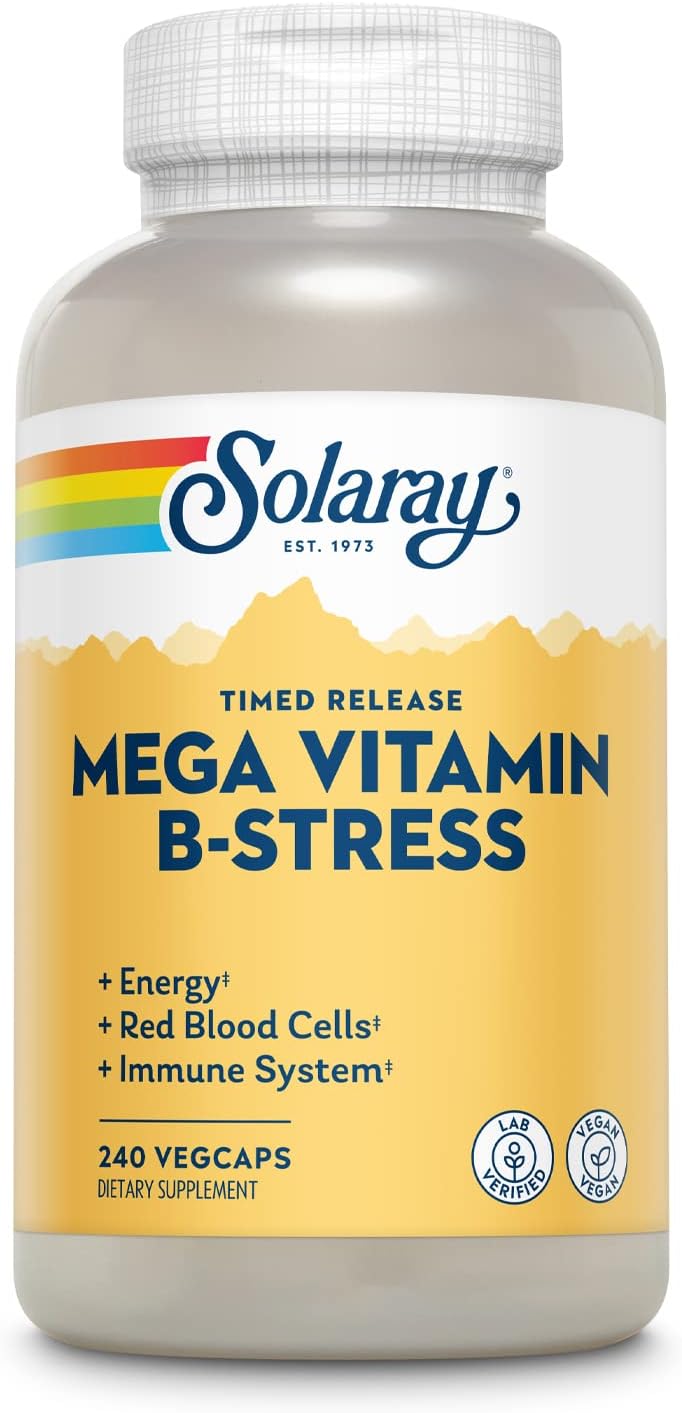 SOLARAY Mega Vitamin B-Stress - Timed Release Vitamin B Complex w/Vitamin B12, B6, Folic Acid, VIT. C - Stress, Energy, Red Blood Cell, Immune Support - Vegan, 60-Day Guarantee (240 CT)