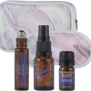 SpaRoom Serene Essential Oil Travel Kit with Eye Mask and Bag; Linen Spray, Essential Oil and Topical Roll-on, Pink Marble