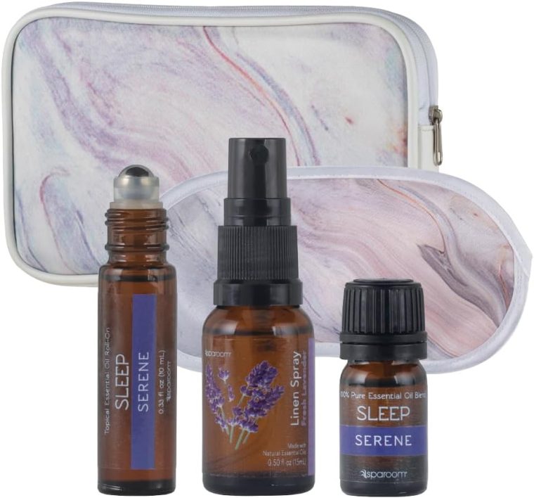 SpaRoom Serene Essential Oil Travel Kit with Eye Mask and Bag; Linen Spray, Essential Oil and Topical Roll-on, Pink Marble