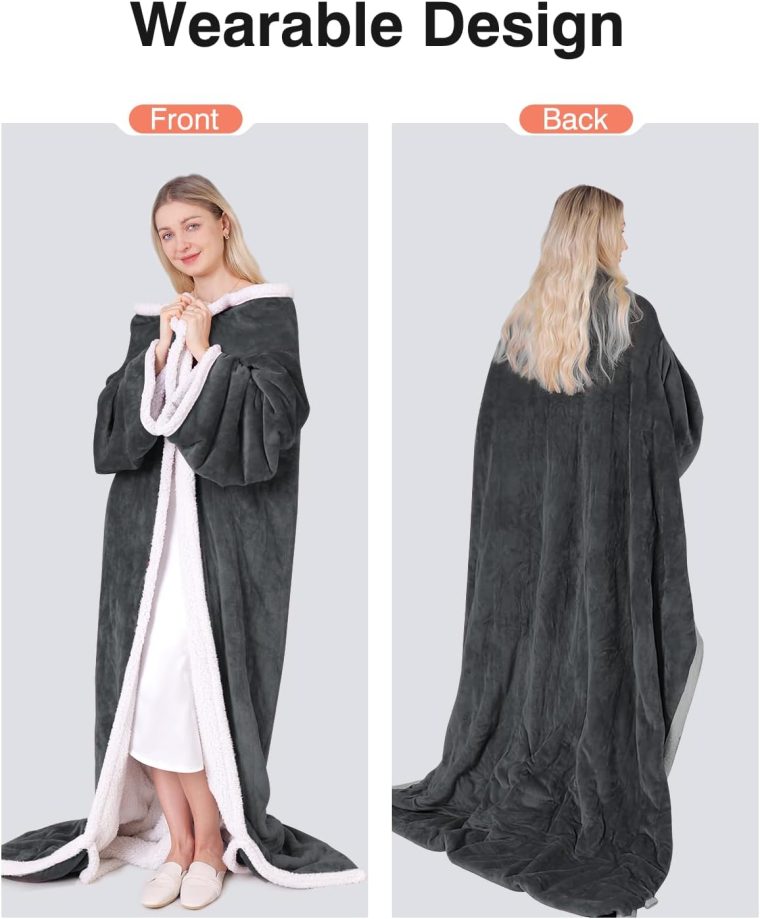 Wearable Heated Blanket with Sleeves, Electric Heated Blanket for Gifts, Electric Throw Wrap Poncho Shawl with Pockets, 6 Heating Levels & 4 Hours Time Settings, 50 x 70 Inch (Grey) - Image 7
