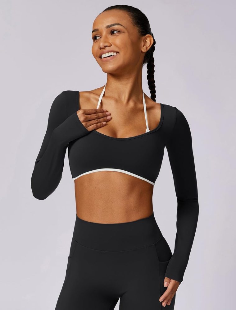 ABOCIW Womens Workout Crop Top Halter Long Sleeve Sports Bra Low Medium Impact Yoga Top T Shirts with Built in Bra - Image 4