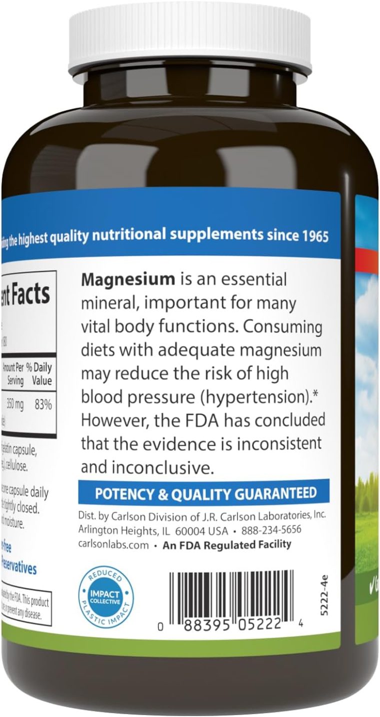 Carlson - Magnesium, 350 mg, Cardiovascular Support, Muscle Function & Nerve Health, 180 capsules - Image 7