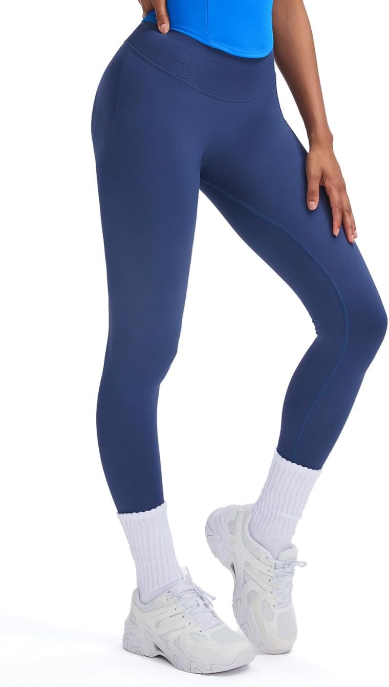 Aoxjox Women's Sienna Twist Deep V Workout Crop T Shirt Top (Fudge Coffee, Large) & Impact Seamless Hidden Scrunch Butt Lifting Low Waist Yoga Pants (Navy, Large) - Image 4