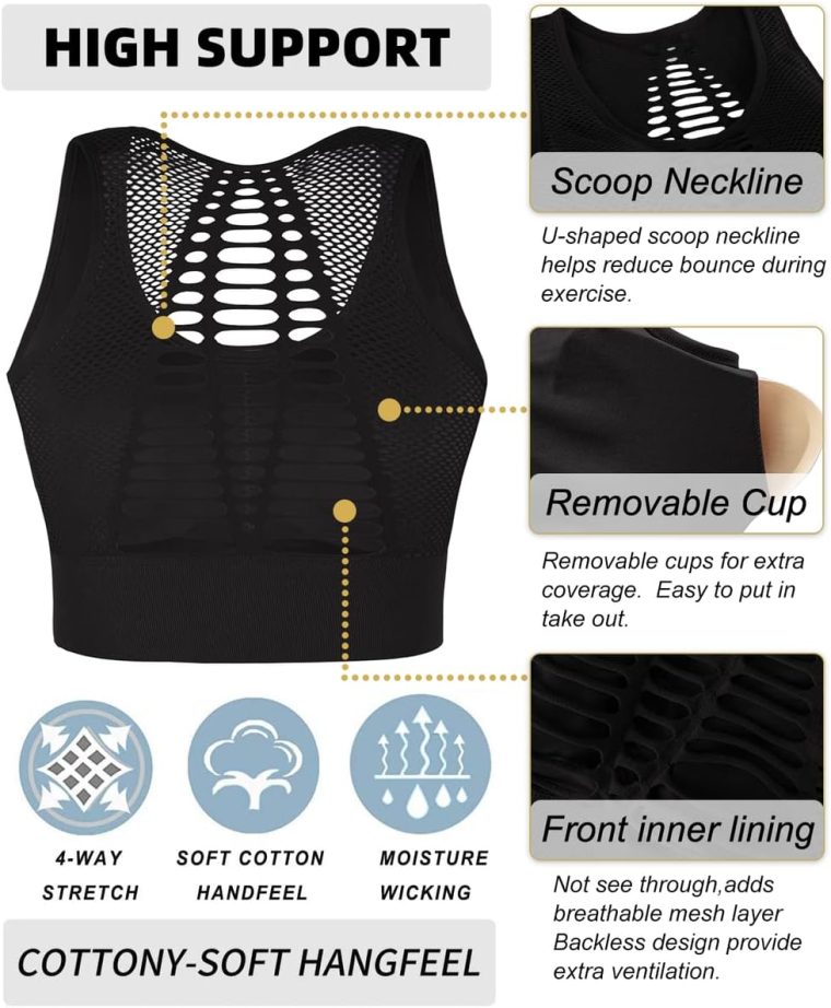 Hopgo Sports Bra for Women High Support Mesh Open Back Workout Tops Padded Longline Yoga Bra - Image 3
