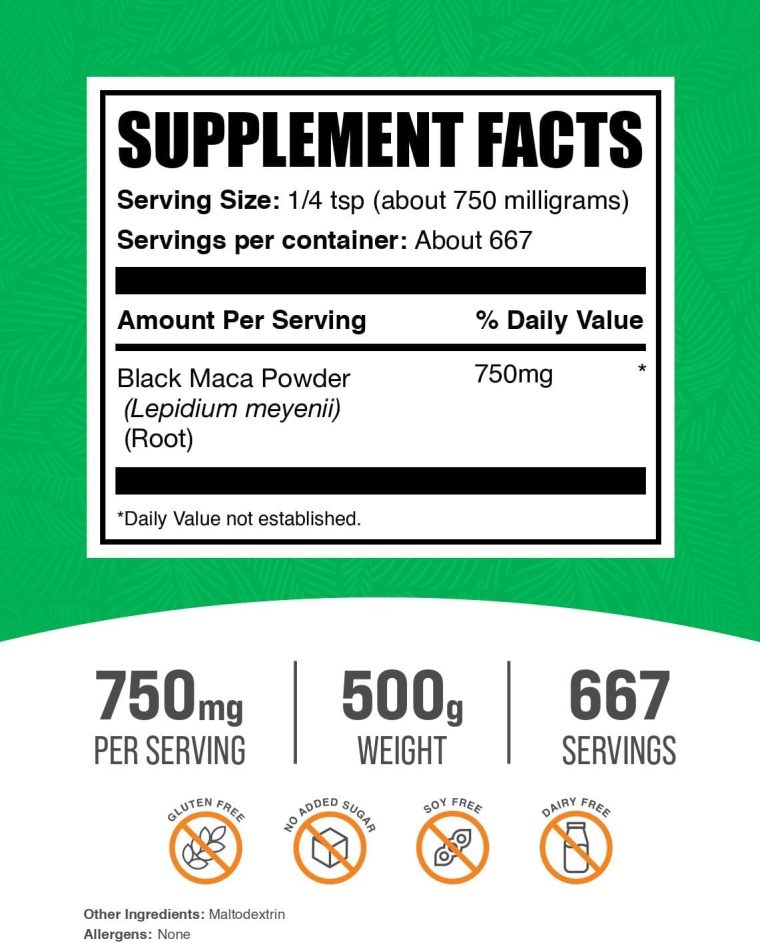 BulkSupplements Black Maca Powder - Maca Supplement, from Black Maca Root - Black Raw Maca, for Men & Women - Vegan, Gluten Free, 750mg per Serving, 500g (1.1 lbs) (Pack of 1) - Image 2