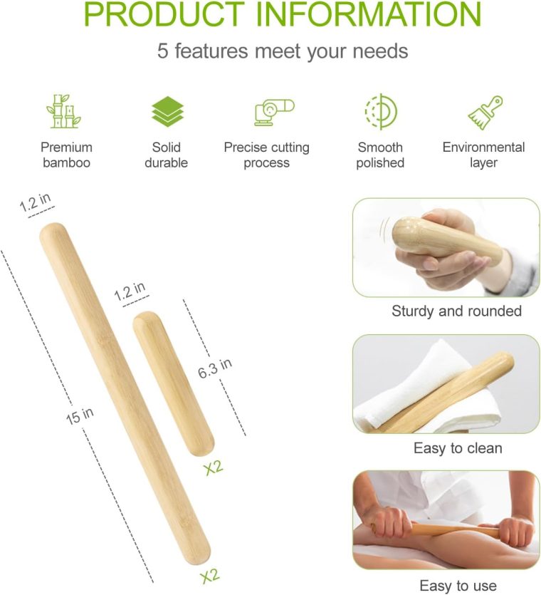 4PCS Solid Bamboo Massage Sticks & Guasha Set with Roller/Stick - 100% Bamboo Therapy Tools for Neck/Arm/Back/Legs/Full Body, Deep Tissue Massage, Muscle Relaxation, Body Shaping, Fatigue Relief - Image 4