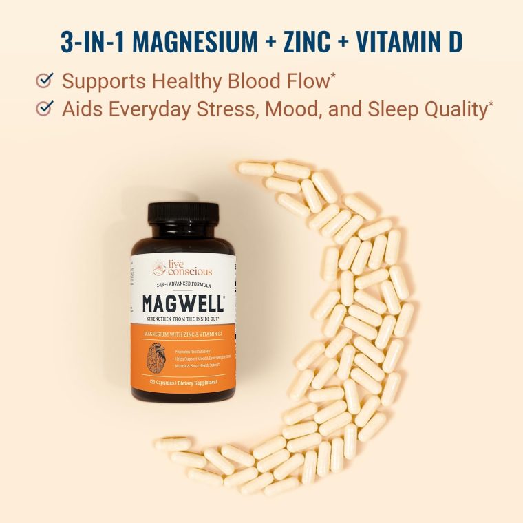 Live Conscious Magwell Magnesium Zinc & Vitamin D3 - Magnesium Glycinate, Malate, & Citrate - Triple Supplement for Women & Men - for Sleep, Bone, Heart, Immune Support - 120 Caps - Image 4