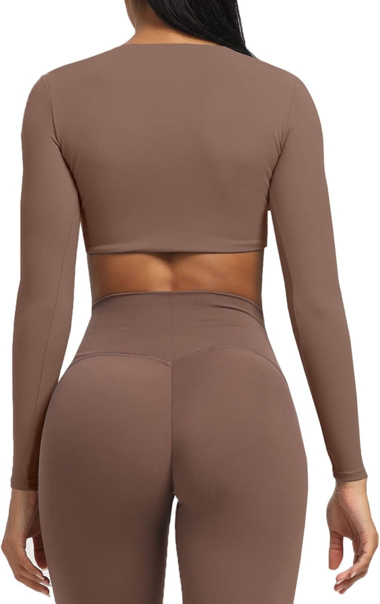 Aoxjox Women's Sienna Twist Deep V Workout Crop T Shirt Top (Fudge Coffee, Large) & Impact Seamless Hidden Scrunch Butt Lifting Low Waist Yoga Pants (Navy, Large) - Image 9