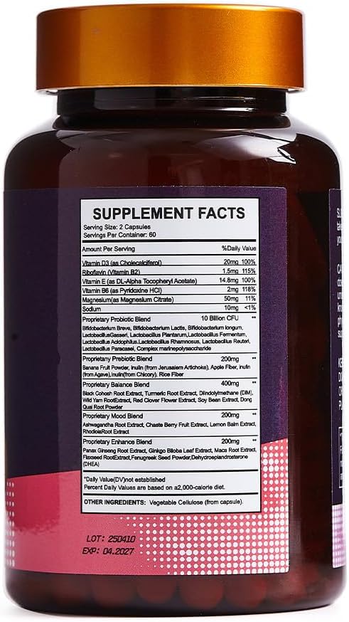 40-in-1 Menopause Support for Women – Hormonal Balance, Hot Flash & Mood Relief – Black Cohosh, DIM, Maca, Red Clover, Probiotics, B6, D3 & More – Vegan, 120 Capsules - Image 8