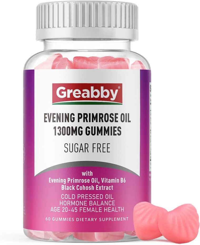 Evening Primrose Oil Gummies for Women, 1300mg with Black Cohosh & Vitamin B6, Sugar-Free, PMS Relief Supplements for Women 20-45, Support Skin Health, Strawberry Flavor, Vegan, Pectin, 60 Count