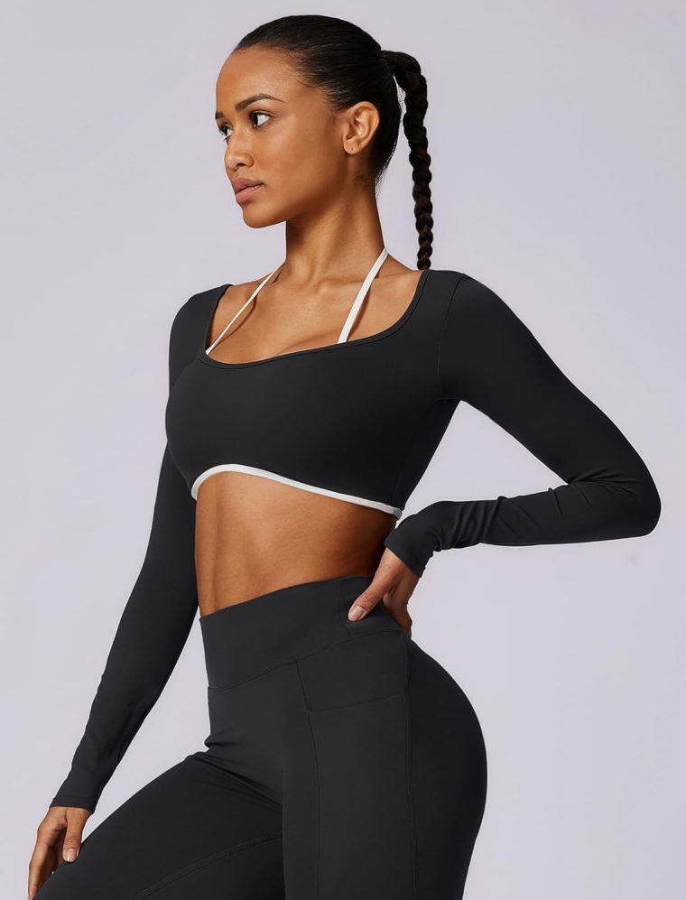ABOCIW Womens Workout Crop Top Halter Long Sleeve Sports Bra Low Medium Impact Yoga Top T Shirts with Built in Bra - Image 6