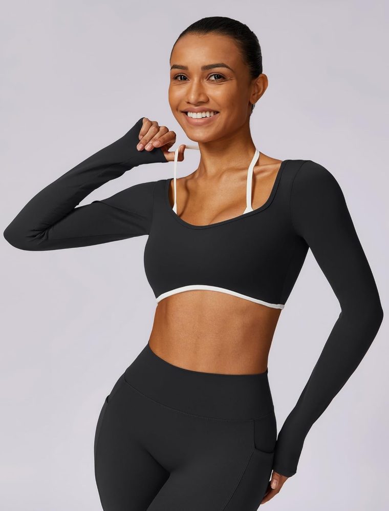ABOCIW Womens Workout Crop Top Halter Long Sleeve Sports Bra Low Medium Impact Yoga Top T Shirts with Built in Bra - Image 3