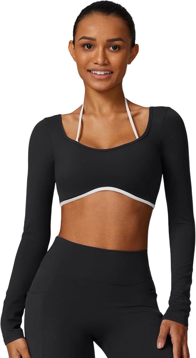 ABOCIW Womens Workout Crop Top Halter Long Sleeve Sports Bra Low Medium Impact Yoga Top T Shirts with Built in Bra