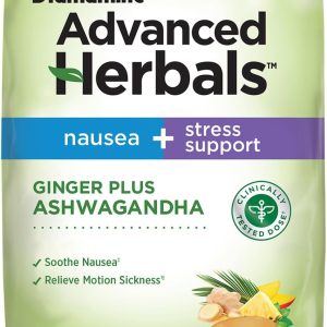 From the Makers of Dramamine, Advanced Herbals, Nausea and Stress Support with Ginger and Ashwagandha, Tropical Fruit and Ginger Flavored Lozenges, 20 Ct