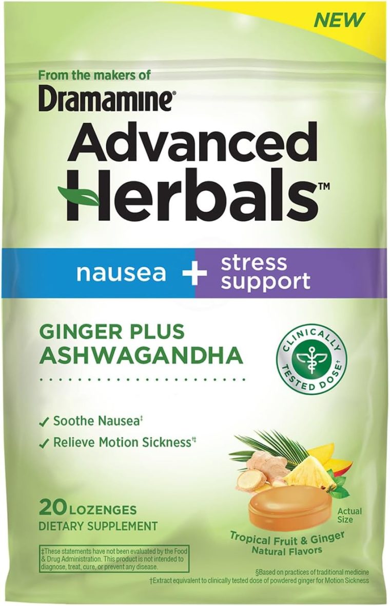 From the Makers of Dramamine, Advanced Herbals, Nausea and Stress Support with Ginger and Ashwagandha, Tropical Fruit and Ginger Flavored Lozenges, 20 Ct