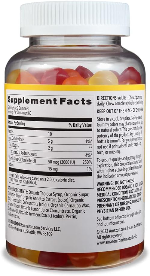 Amazon Basics Vitamin D3 2000 IU Gummies, Orange, Lemon & Strawberry, 160 Count (2 per Serving) (Previously Solimo) - Image 2