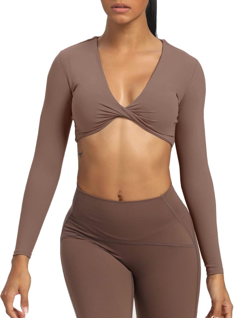 Aoxjox Women's Sienna Twist Deep V Workout Crop T Shirt Top (Fudge Coffee, Large) & Impact Seamless Hidden Scrunch Butt Lifting Low Waist Yoga Pants (Navy, Large) - Image 7