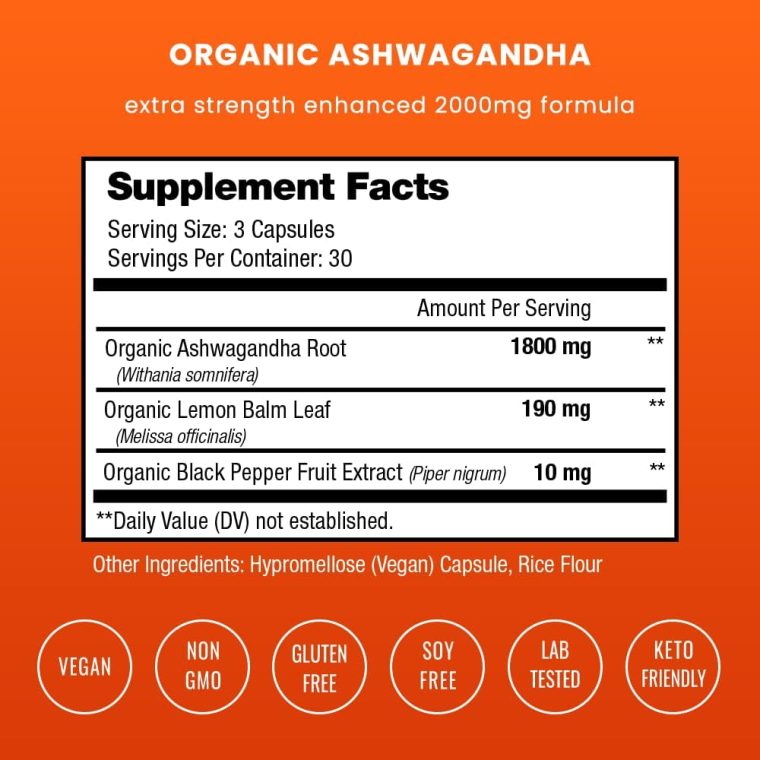 NutraChamps Organic Ashwagandha Capsules, 2000mg Adrenal Fatigue, Thyroid & Mood Support Ashwagandha Supplements, Ashwagandha Root Powder & Lemon Balm, Superior Absorption with Black Pepper - Image 2
