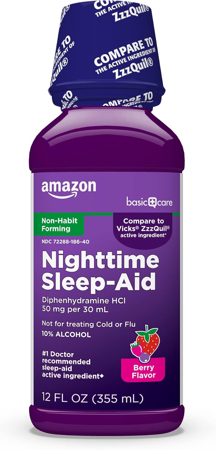 Amazon Basic Care Night Time Sleep-Aid Liquid for Adults, Diphenhydramine HCl 50 mg, Mixed Berry Flavor, Packaging May Vary, 12 fl oz (Pack of 1)