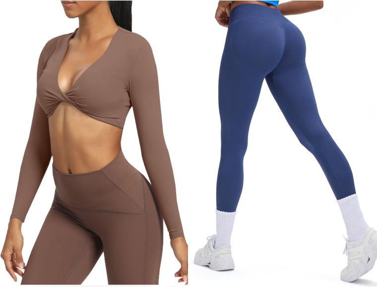 Aoxjox Women's Sienna Twist Deep V Workout Crop T Shirt Top (Fudge Coffee, Large) & Impact Seamless Hidden Scrunch Butt Lifting Low Waist Yoga Pants (Navy, Large)