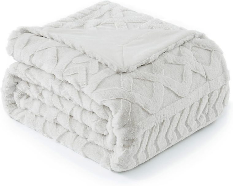 Cozy Bliss Faux Fur Throw Blanket for Couch, Jacquard Fuzzy Plush Soft Thick Winter Throw Blanket for Sofa Bed Living Room Bedroom，60"x80" Beige - Image 8