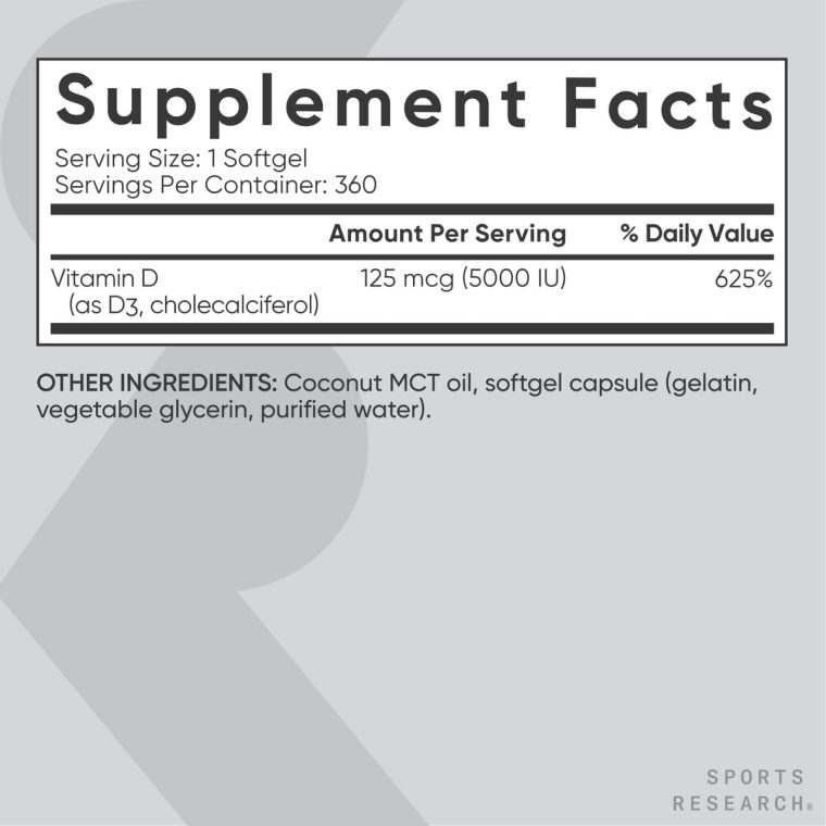 Sports Research Vitamin D3 5000iu (125mcg) with Coconut Oil ~ High Potency Vitamin D for Immune & Bone Support ~ Non-GMO Verified, Gluten & Soy Free (360 Mini-Liquid Softgels) - Image 5