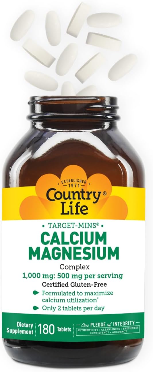 Country Life Target-Mins Calcium Magnesium Complex 1000mg/500mg, 180 Tablets, Certified Gluten Free, Certified Vegan, Certified Non-GMO Verified - Image 6