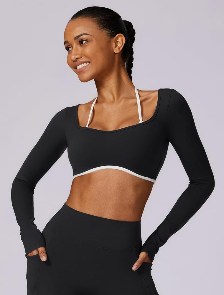ABOCIW Womens Workout Crop Top Halter Long Sleeve Sports Bra Low Medium Impact Yoga Top T Shirts with Built in Bra - Image 5