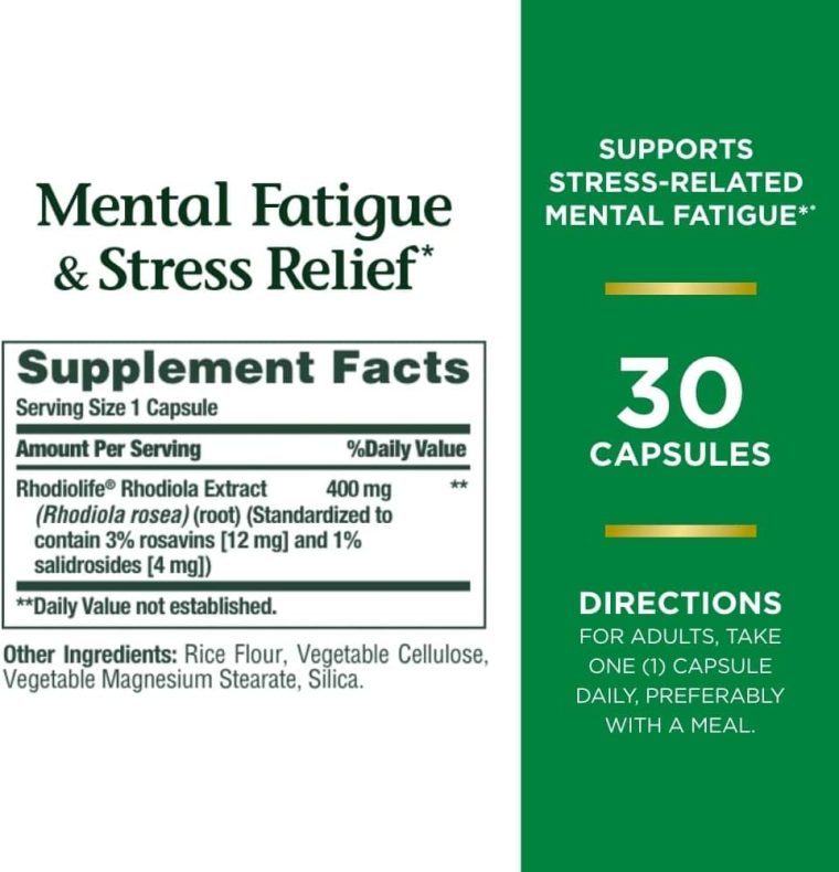 Nature's Bounty Mental Fatigue and Stress Relief, Rhodiola Supplement, 400 mg, Capsules, 30 Count - Image 2