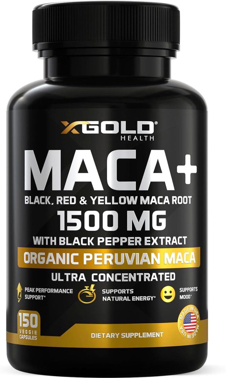 X Gold Health Organic Maca Root Powder Capsules 1500mg with Black | Red & Yellow Peruvian Maca Root Extract Gelatinized, Energy & Mood Supplement for Men & Women + Black Pepper for Best Benefits