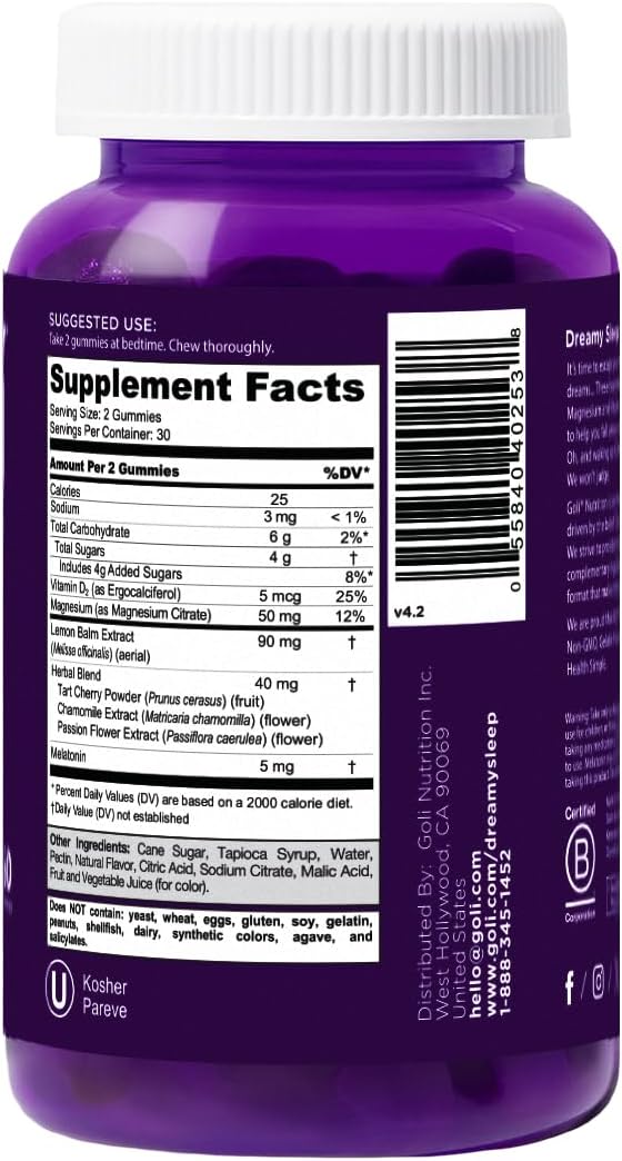 Goli Dreamy Sleep Gummy - 60 Count - Melatonin, Vitamin D, Magnesium, and Lemon Balm Extract - Gelatin-Free, Gluten-Free, Vegan & Non-GMO - Image 7
