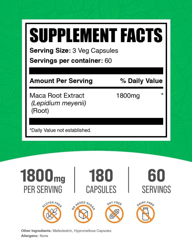 BulkSupplements.com Maca Root Capsules - Maca Supplement, Herbal Supplement, Superfood Supplement - Vegan & Gluten Free, 3 Veg Capsules per Serving, 180 Count (Pack of 1) - Image 2
