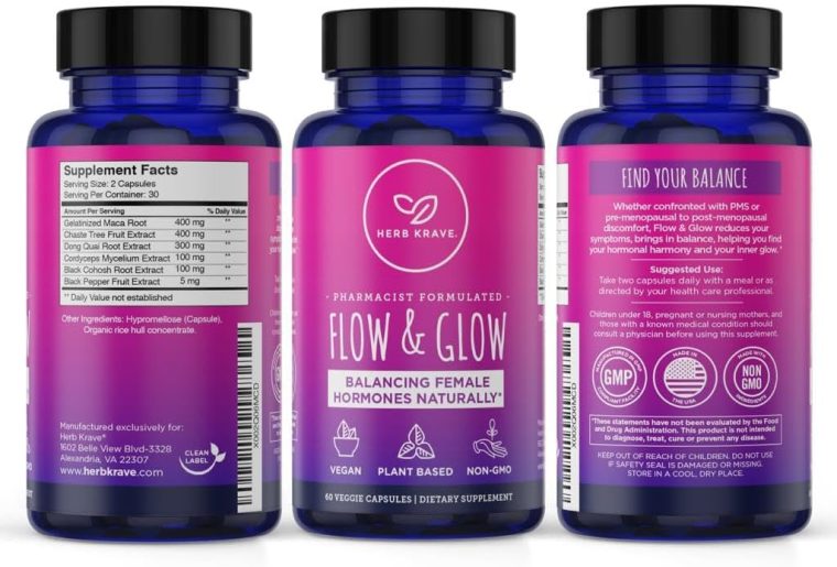 Flow and Glow Natural Hormone Balance for Women - PMS & Menopause Relief for Cramps, Mood Swings & Night Sweats with Donq Quai & Black Cohosh for Menopause - 60 Vegan Capsules (1 Pack) - Image 2