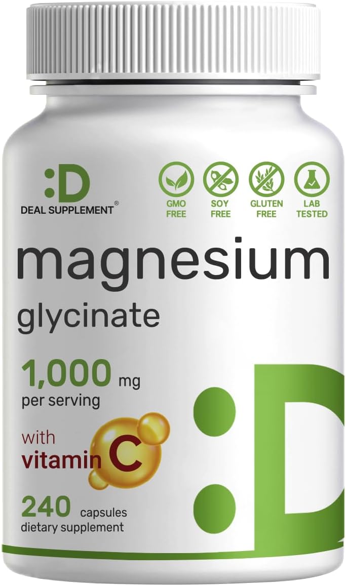 Magnesium Glycinate 500mg Per Capsule (1000mg Per Serving) Plus Vitamin C, 240 Capsules | 100% Chelated for Easy Absorption | Essential Mineral Supplement for Muscle, Sleep, & Heart Health
