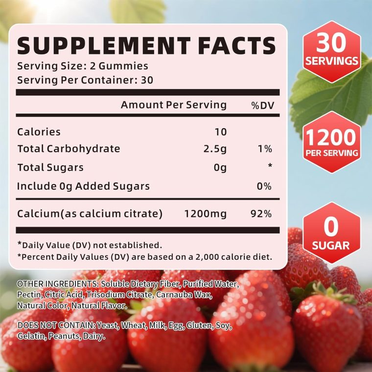 Calcium Citrate Gummies 1200mg, Chewable Calcium Supplement for Women & Men, Sugar Free Calcium for Bone, Muscle & Immune Support, Gluten Free, Vegan, Non-GMO, Strawberry Flavor, 60 Count - Image 2