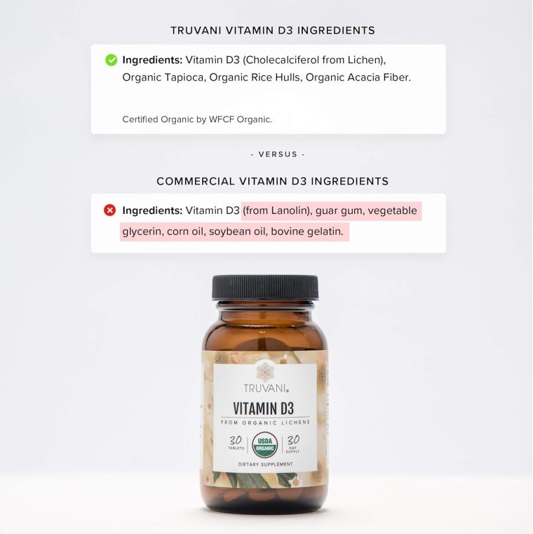 Truvani Organic Vitamin D3 - Plant-Based, USDA Organic, Gluten-Free, Non-GMO, Vegan D3 Supplement - Supports Bone, Immune & Brain Health - 30 Tablets - Image 4