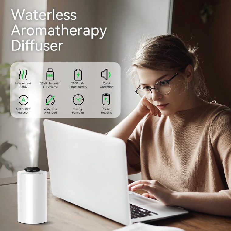 Waterless Essential Oil Diffuser Aromatherapy Scent Diffusers for Home Large Room, Bedroom, Car, Office, Desk, Battery Operated Mini Portable Air Freshener,4 Timers & 3 Mist Levels (White) - Image 3