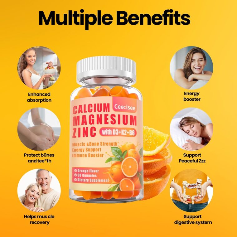 Calcium Magnesium Zinc Gummies with D3 &B6 &K2,1000mg Calcium Gummies with 300mg Magnesium Support Immune Energy for Adults and Teens,Sugar Free (Pack of 2) - Image 4