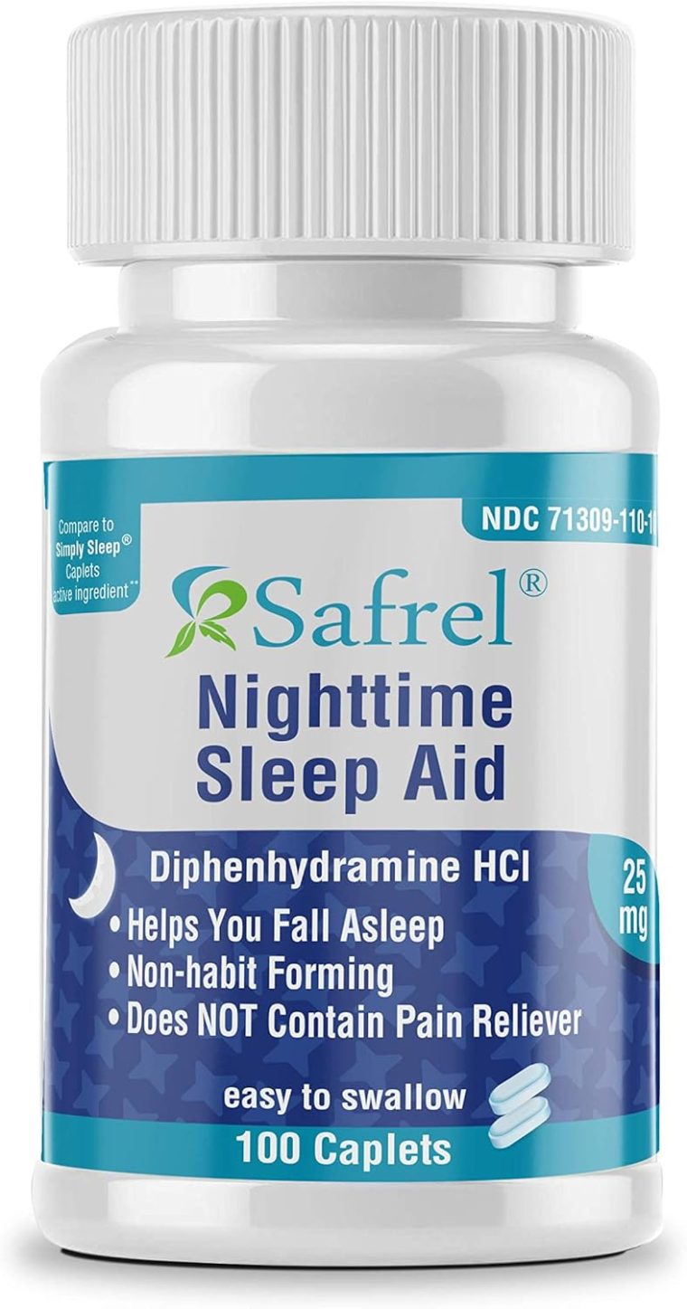 Safrel Nighttime Sleep Aid, Diphenhydramine HCl 25mg | Strong Non Habit-Forming Restful Sleeping Support for Men & Women | Fall Asleep Faster & Wake up Refreshed (100 Count (Pack of 1), 100, Count)