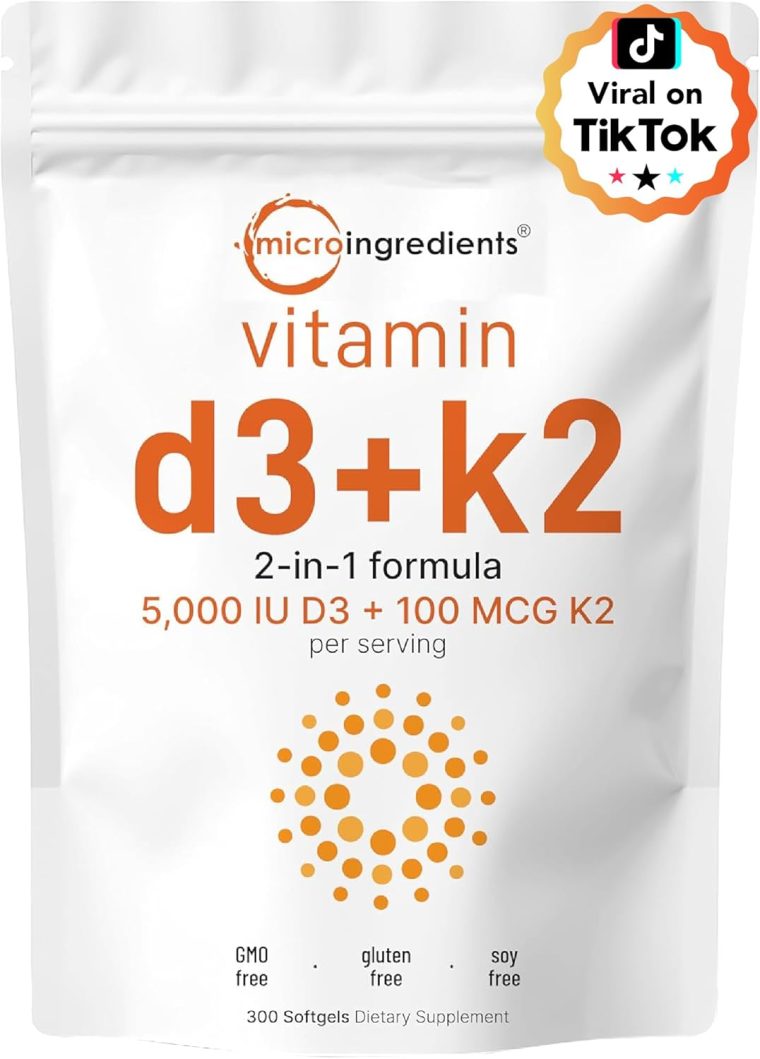 Micro Ingredients Vitamin D3 5,000 IU + K2 MK-7 100 mcg, 300 Softgels | 2-in-1 Bone, Immune & Heart Support | Easy to Swallow, Non-GMO