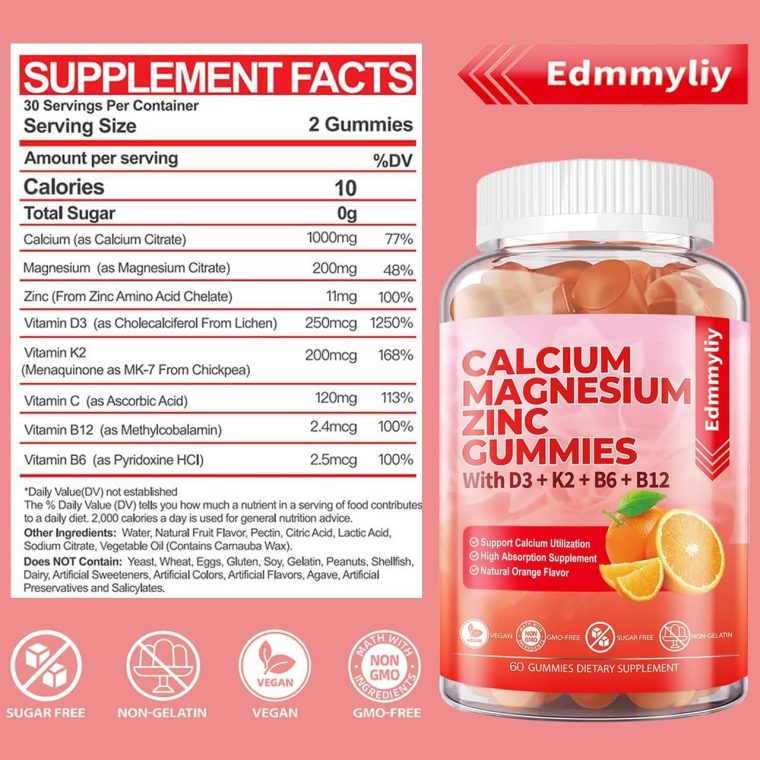 Sugar Free Calcium Magnesium Zinc Supplement Gummies with Vitamin D3 & B12 for Women and Men High Absorption Calcium Magnesium Supplement for Immune Support (120 Counts) - Image 2