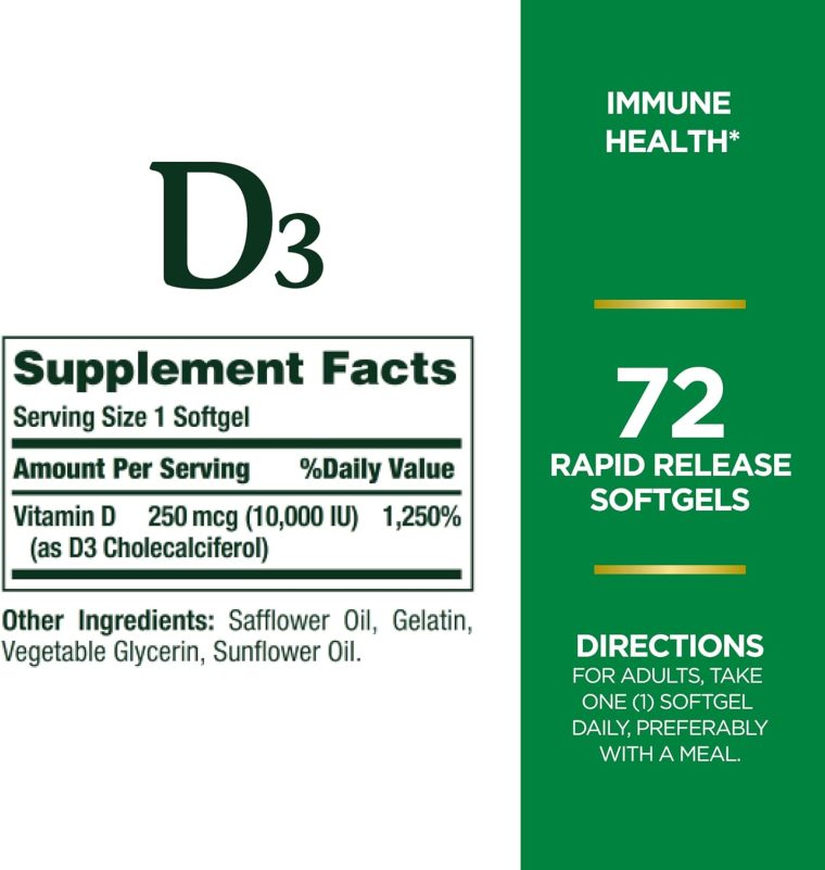 Nature's Bounty Vitamin D for Immune Support and Promotes Healthy Bones, 10000IU, Softgels, Multi-Color, 10,000 IU, 72 Count (Pack of 1) - Image 2