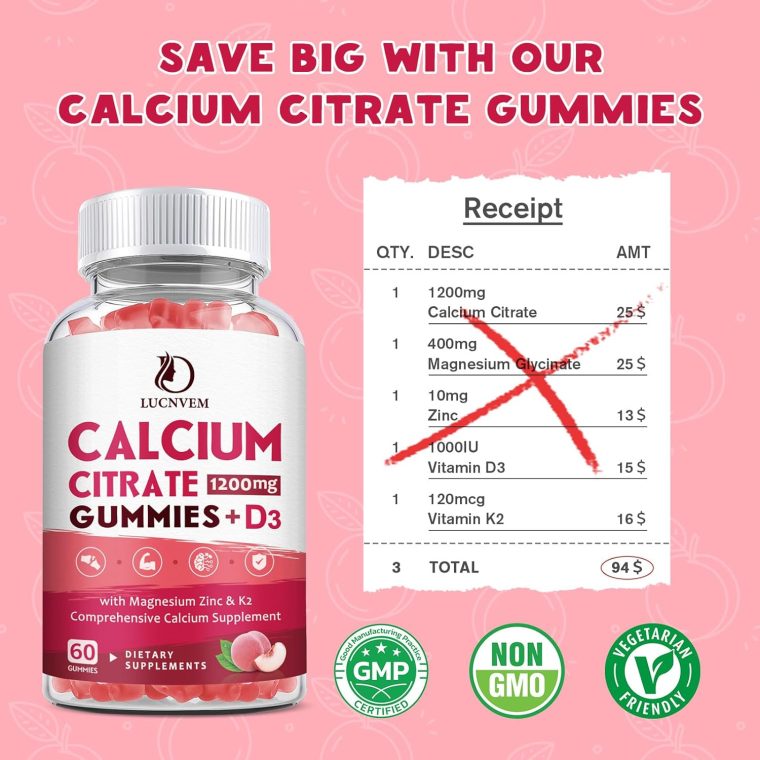 Calcium Citrate 1200mg with Vitamin D3 Gummies, Calcium Gummies with Vitamin D3 for Women & Men, Calcium Magnesium Zinc for Bone Muscle Healthy- Natural White Peach Flavor- 30 Day Supply - Image 4