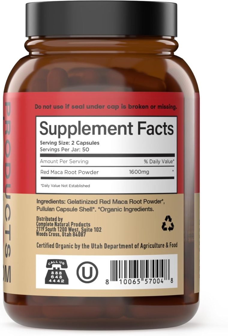 Complete Natural Products Organic Red Maca Root Capsules - 800mg 100 Gelatinized Pills, Pure Red Raw Maca Root Powder Supplement - Image 2