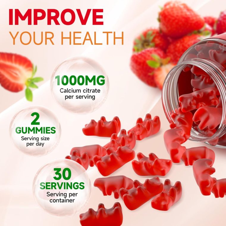 2 Pack Calcium Citrate Gummies, Sugar Free Calcium Citrate 1000mg for Muscle Healthy, Absorption Calcium Supplements for Adults & Kids, Strawberry, 120 Count - Image 4