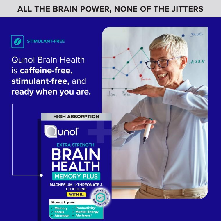 Qunol Brain Health Memory Plus with B6, Magnesium L-Threonate & Citicoline, Clinically Tested Ingredients to Improve Memory, Focus, Attention and Productivity, 60 Count (Pack of 1) - Image 7