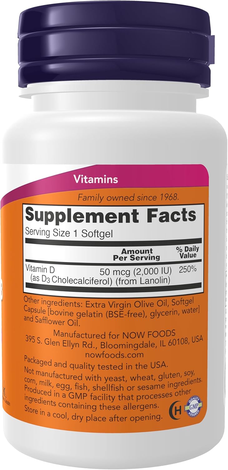 NOW Foods Supplements, Vitamin D-3 2,000 IU, High Potency, Structural Support*, 120 Softgels - Image 2